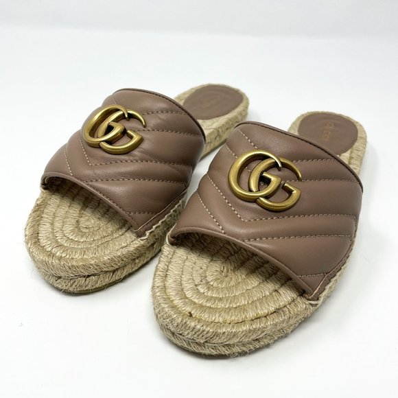 SOLD Gucci Marmont GG Espadrille Sandals Matelasse Brown Quilted Flat Sz 37 US 7 - Picture 2 of 13